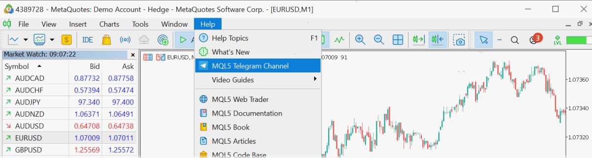 在“帮助”菜单中添加MQL5 Telegram频道的链接。
